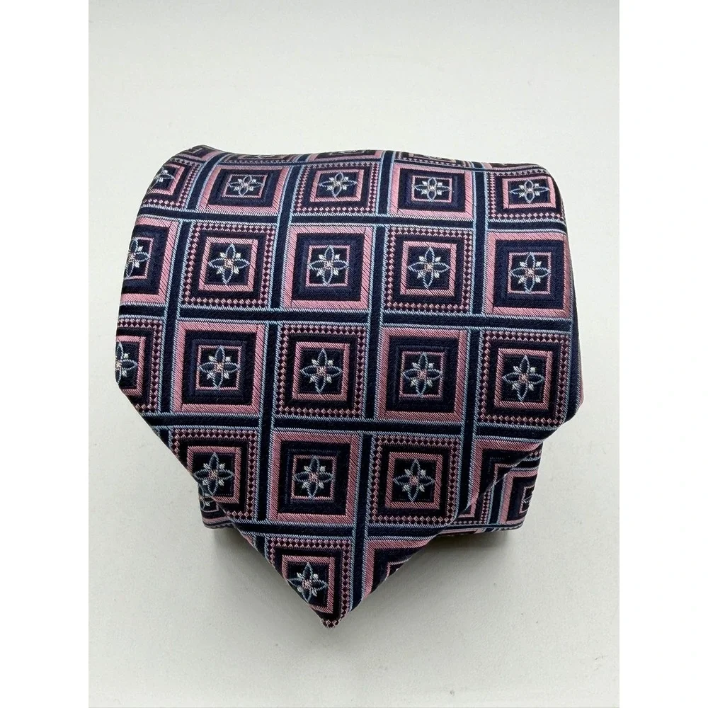Jos. A. Bank Reserve Navy Pink Geometric Floral Silk Men's Necktie Classic Width